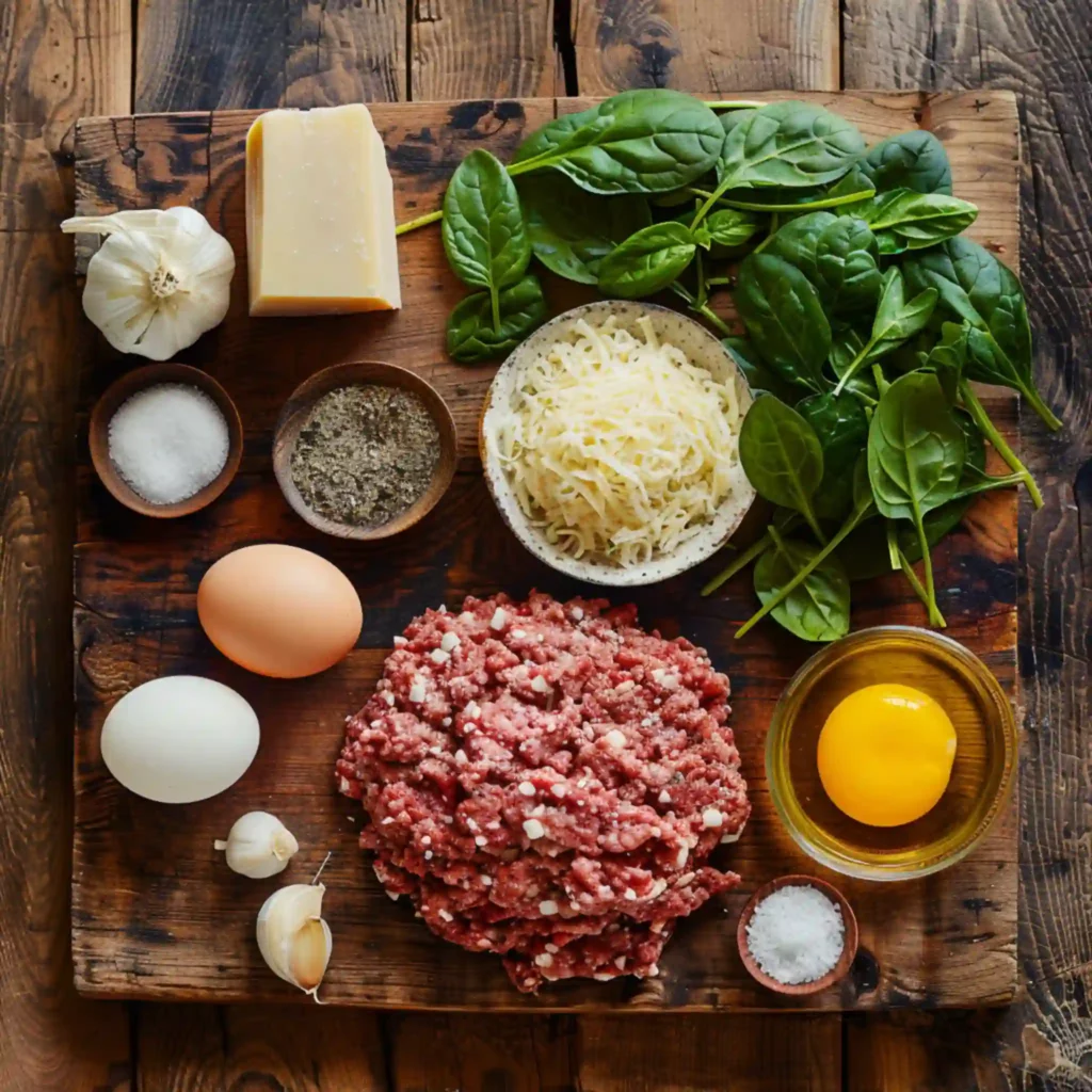 Ingredients for easy spinach garlic meatballs including ground beef, eggs, and spinach