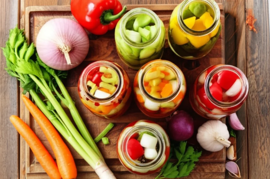Fresh ingredients for Giardiniera (Italian Pickled Vegetables)