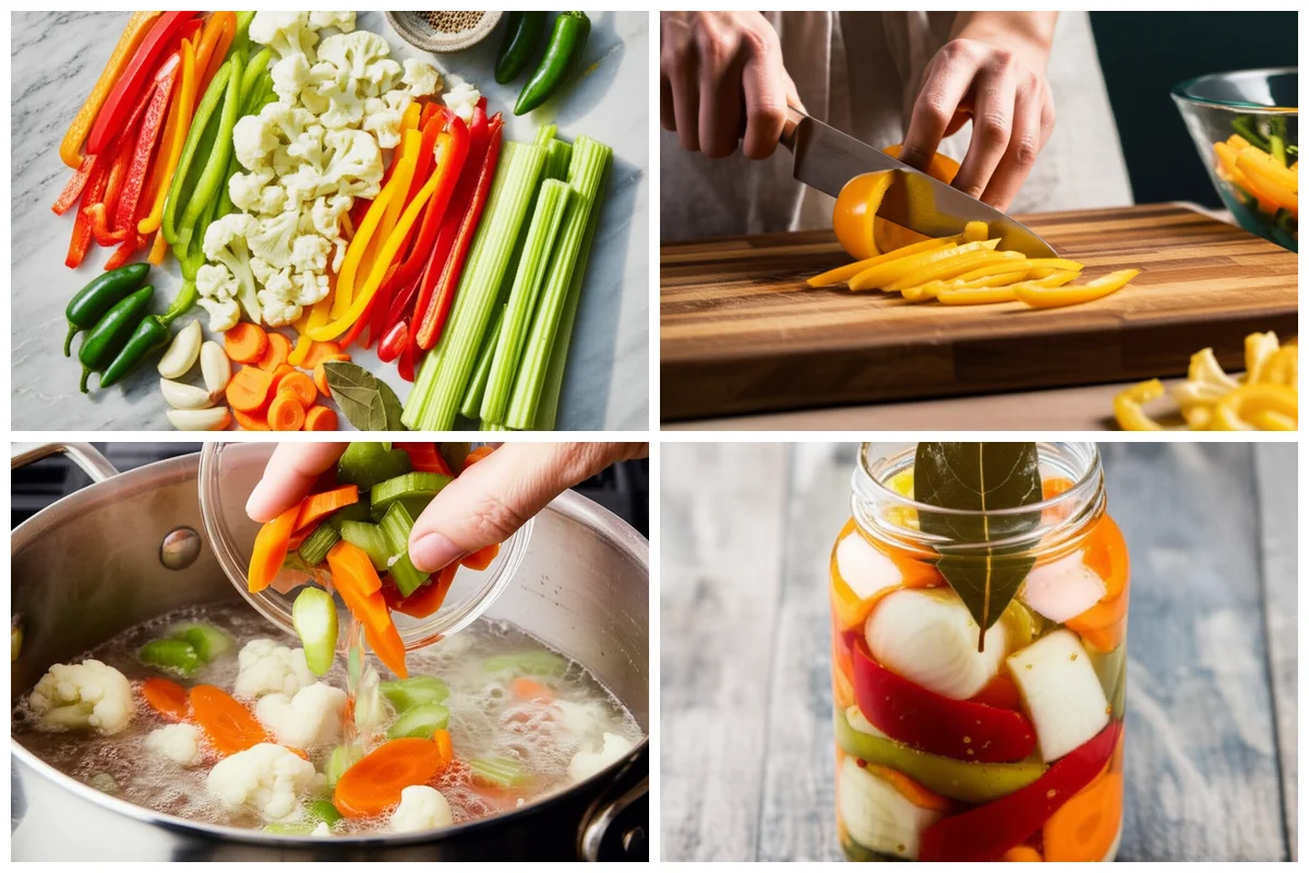 Close-up of colorful Giardiniera (Italian Pickled Vegetables)