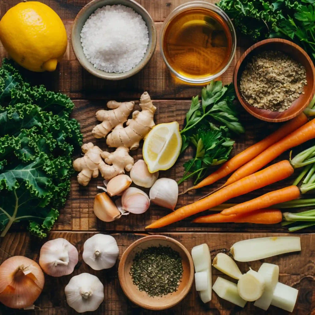 Healing soup ingredients with carrots, garlic, ginger, and herbs