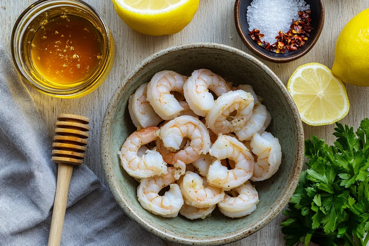 Close-up of honey garlic sauce coating shrimp