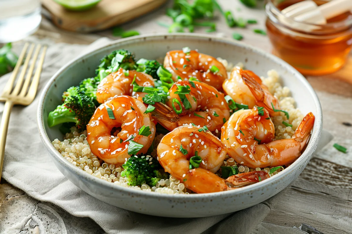 Meal prep containers with High-Protein Honey Garlic Shrimp