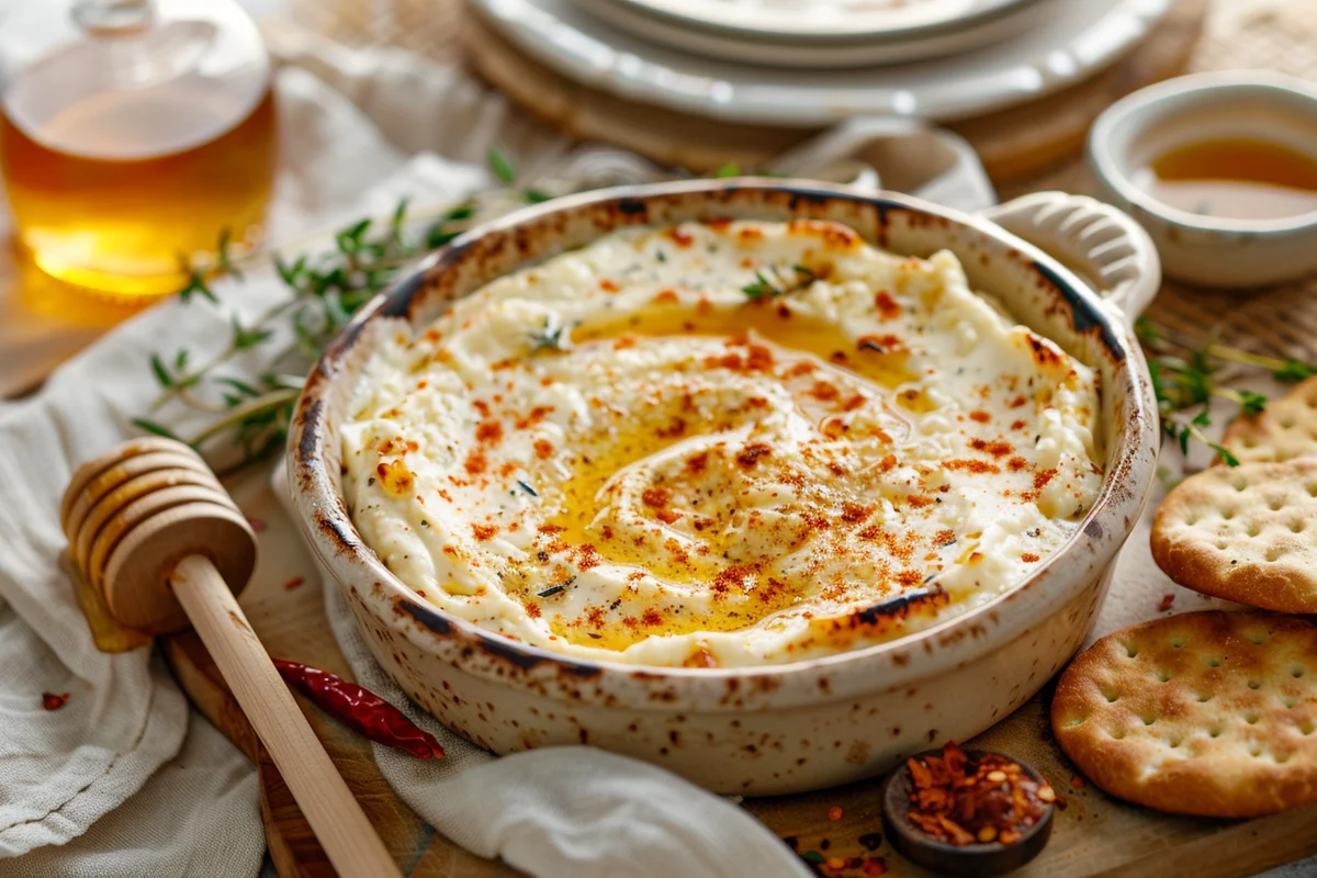 Hot Honey Boursin Dip served on a plate