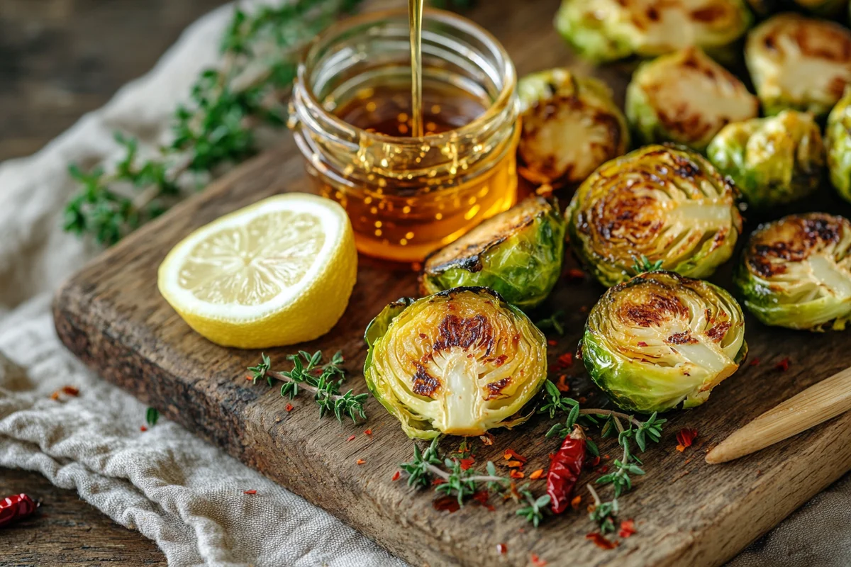 Finished Hot Honey Brussels Sprouts garnished with sesame seeds