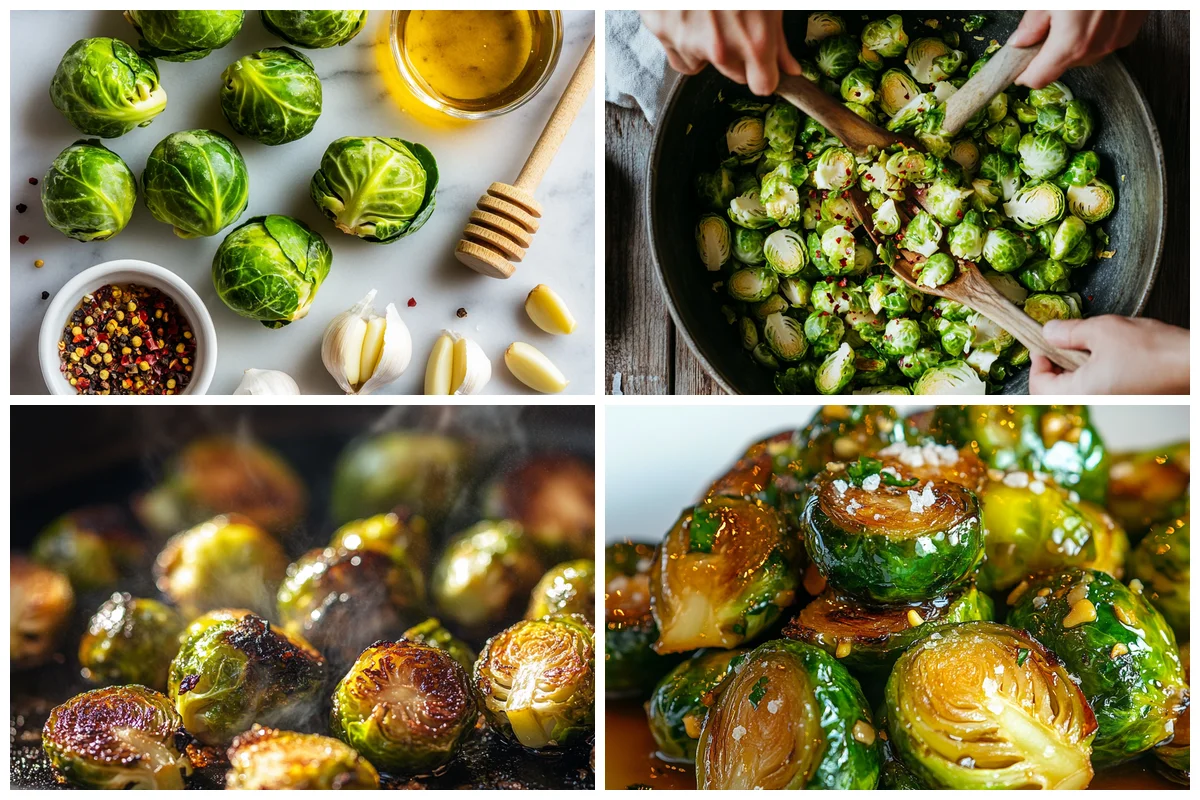 Close-up of honey being drizzled over roasted Brussels sprouts