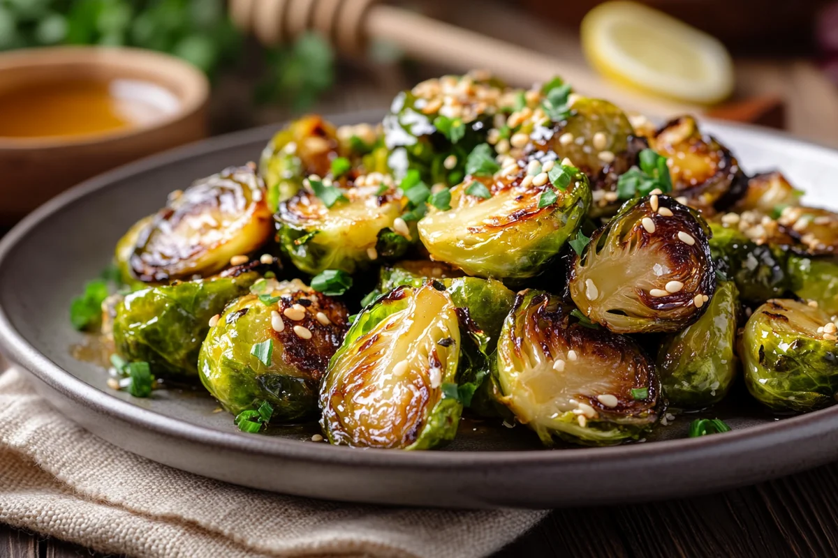 Ingredients for Hot Honey Brussels Sprouts laid out on a counter