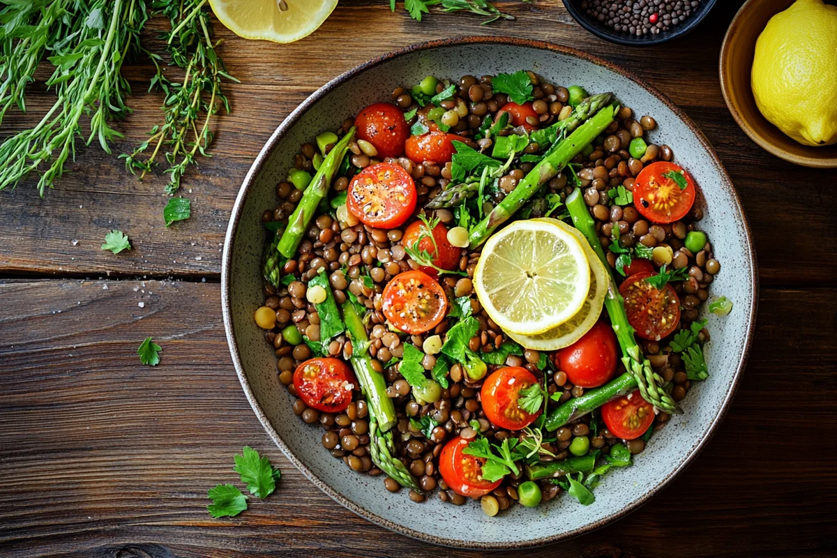 Ingredients for Lemony Lentil Salad with Asparagus and Tomatoes arranged on a wooden table