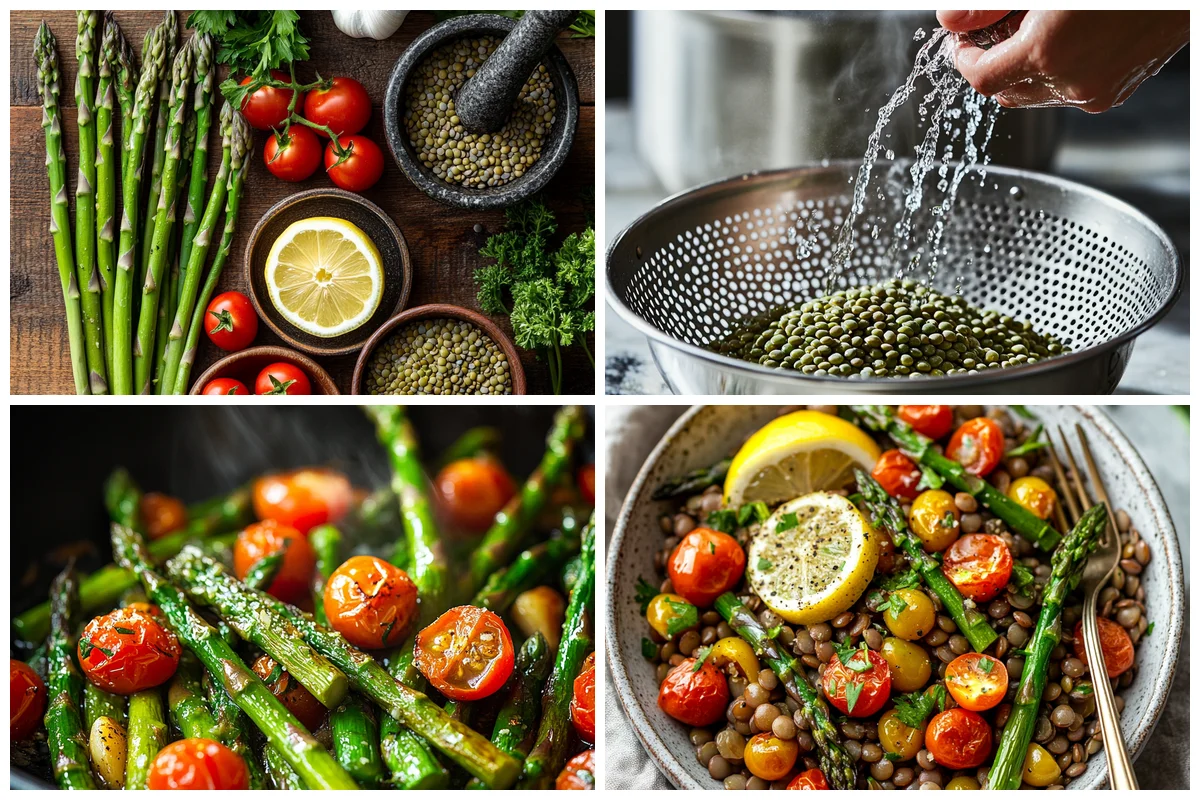 Close-up of Lemony Lentil Salad with Asparagus and Tomatoes showing all the colorful ingredients