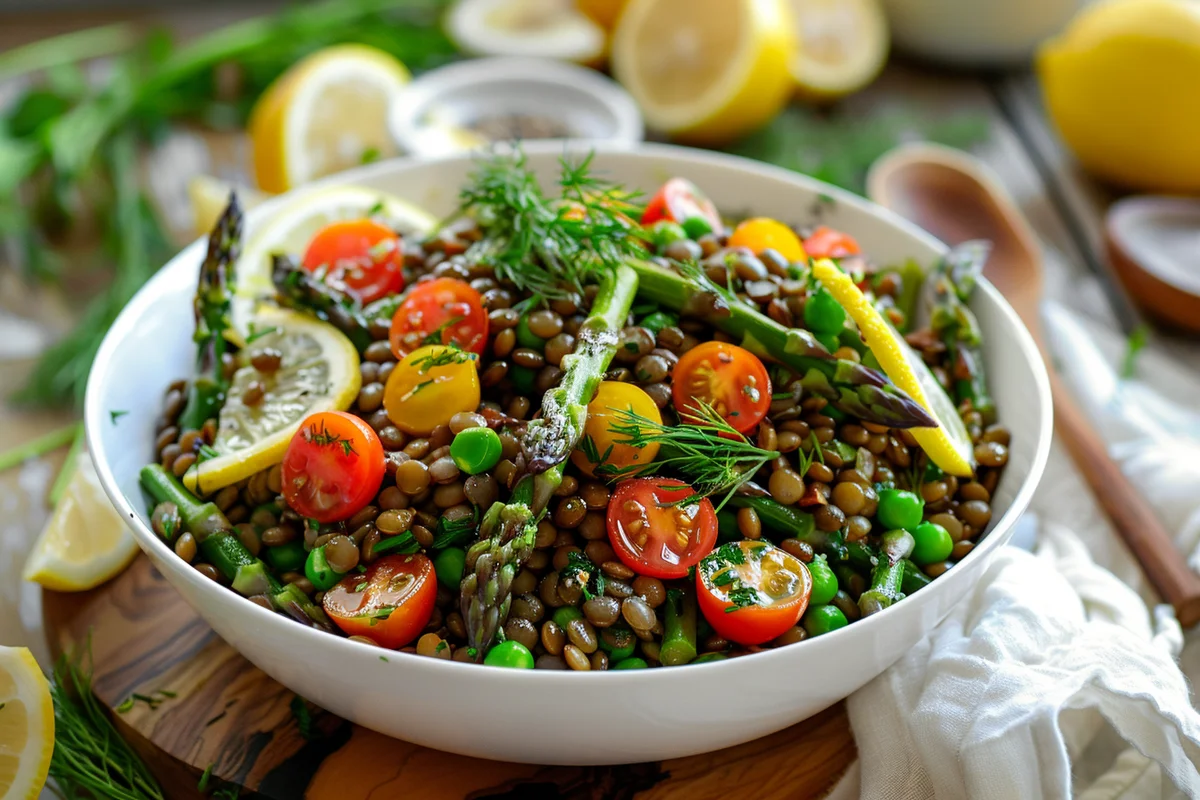 Lemony Lentil Salad with Asparagus and Tomatoes - Easy homemade recipe
