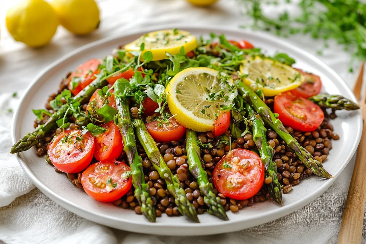 Serving Lemony Lentil Salad with Asparagus and Tomatoes at an outdoor picnic