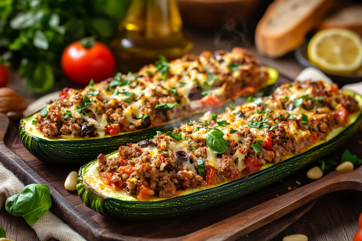Family enjoying Mediterranean Stuffed Zucchini Boats at dinner