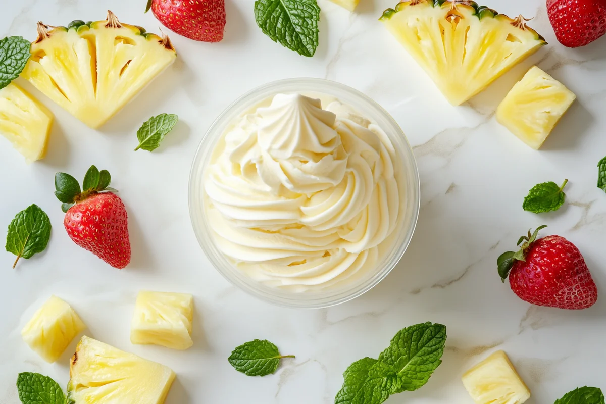 Finished Ninja Creami Dole Whip Ice Cream with pineapple garnish