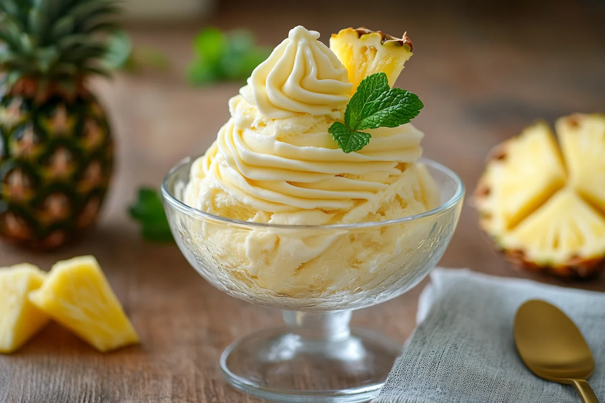 Serving Ninja Creami Dole Whip Ice Cream with tropical garnishes