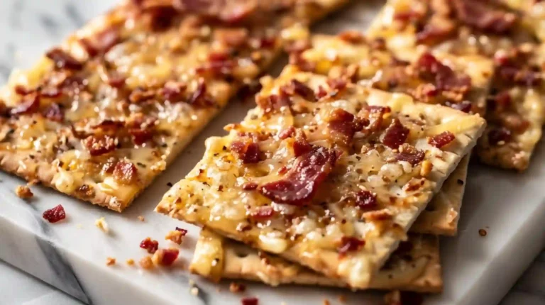 Parmesan candied bacon crackers topped with melted cheese and caramelized bacon