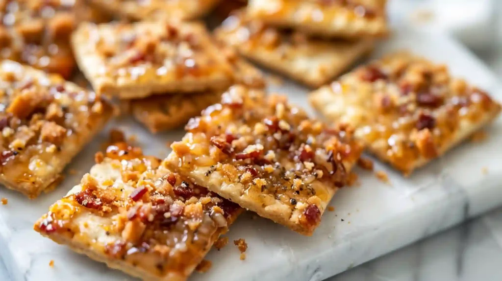 Close-up of parmesan candied bacon crackers with crispy topping