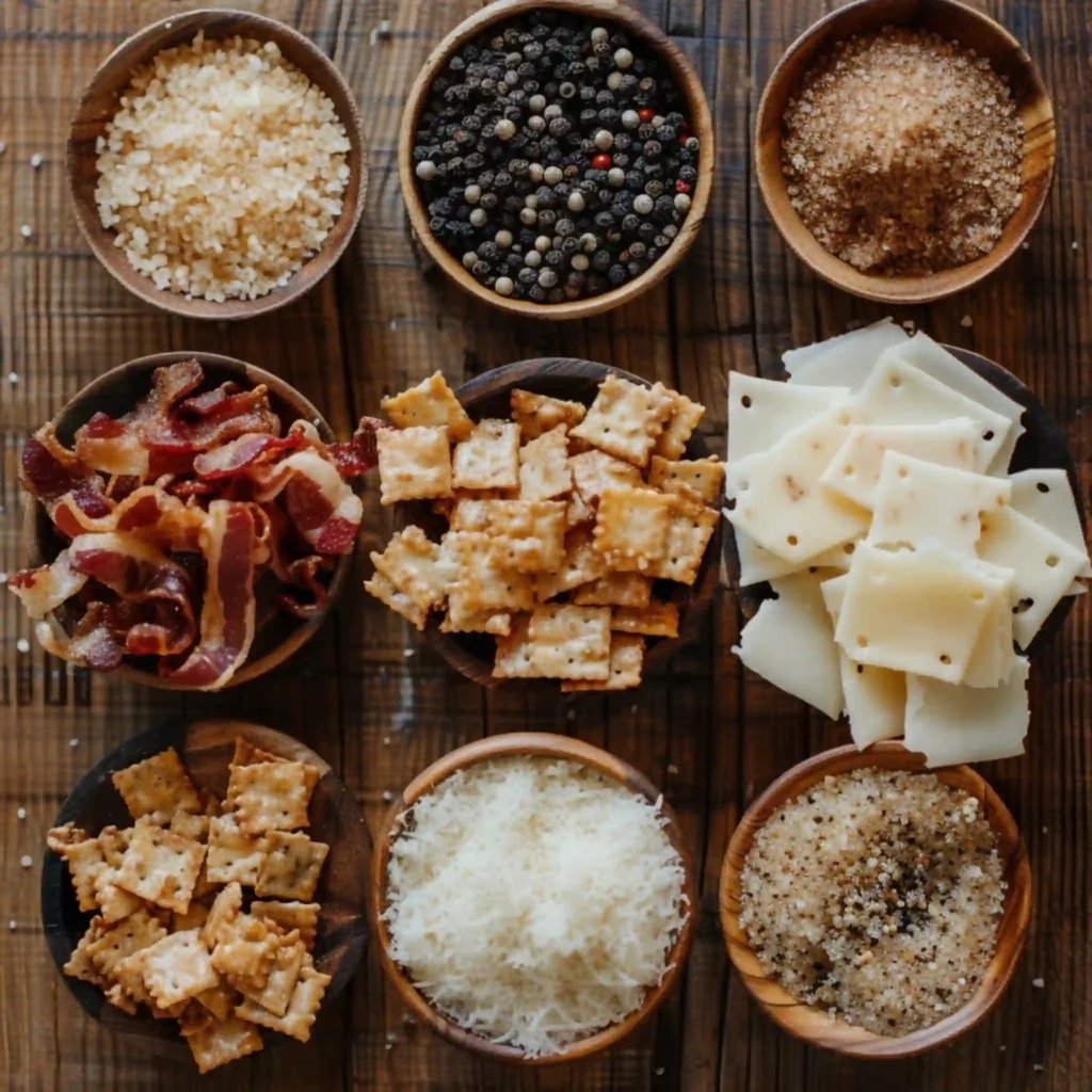Ingredients for parmesan candied bacon crackers including bacon, cheese, crackers, and seasonings