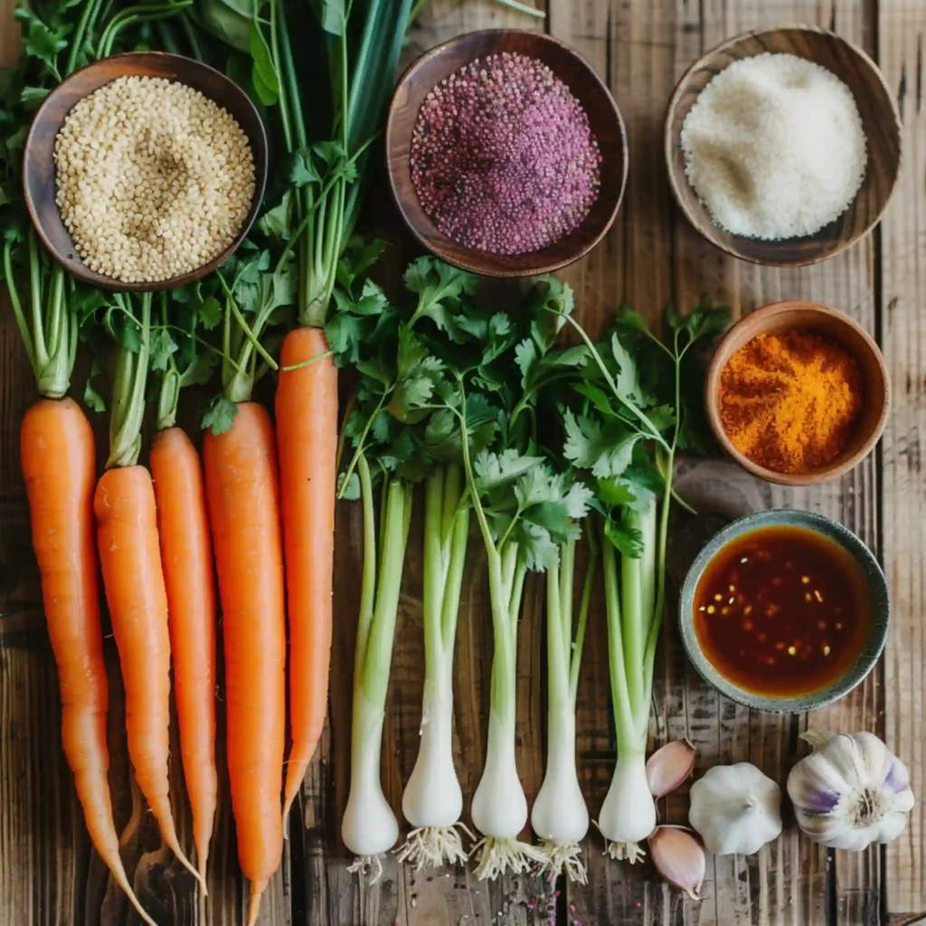 Rainbow carrot salad ingredients with scallions and sesame dressing