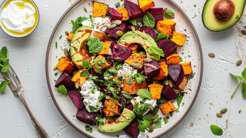 Roasted beet sweet potato avocado salad with whipped cheese and herbs