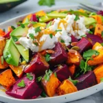 Roasted beet sweet potato avocado salad with yogurt and lemon dressing
