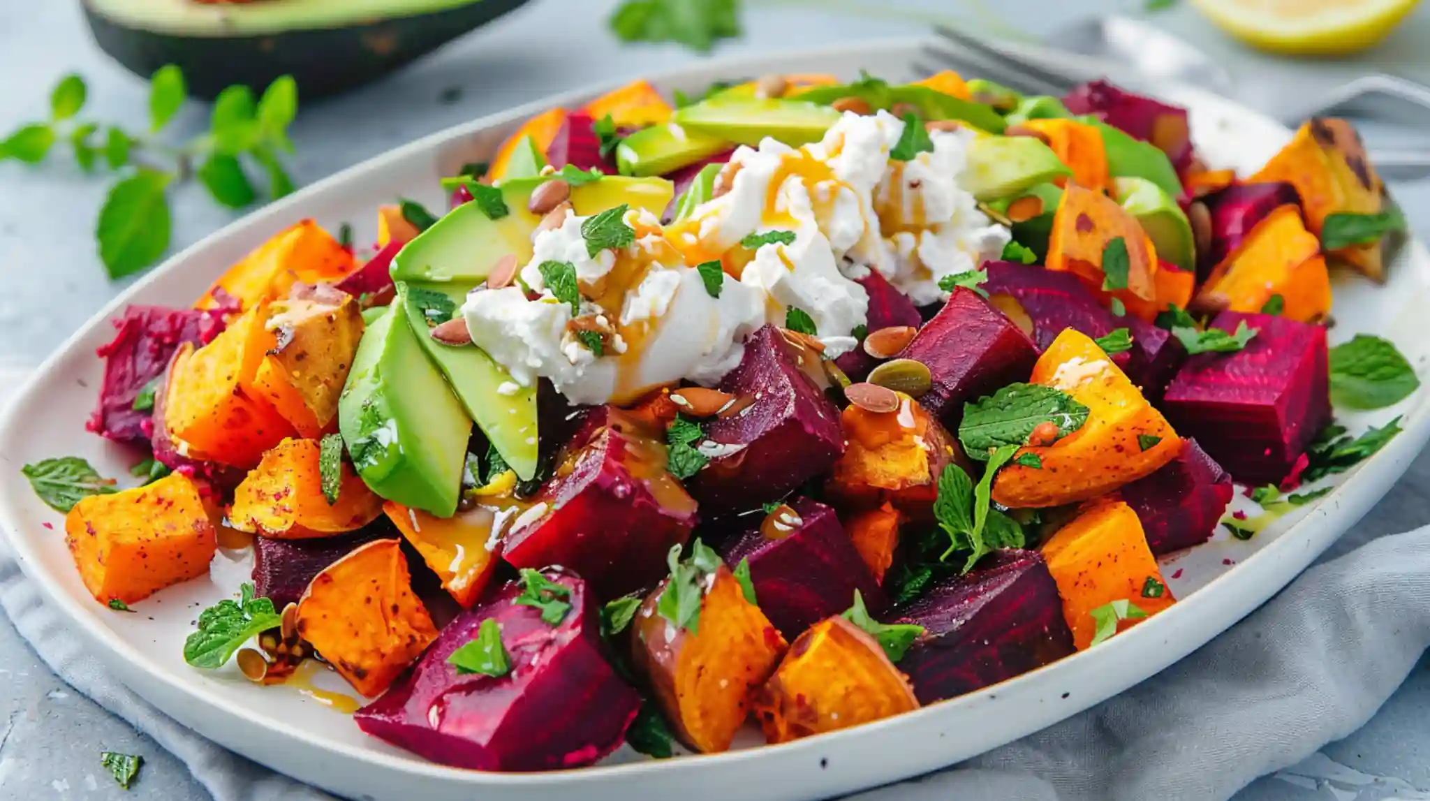 Roasted beet sweet potato avocado salad with yogurt and lemon dressing