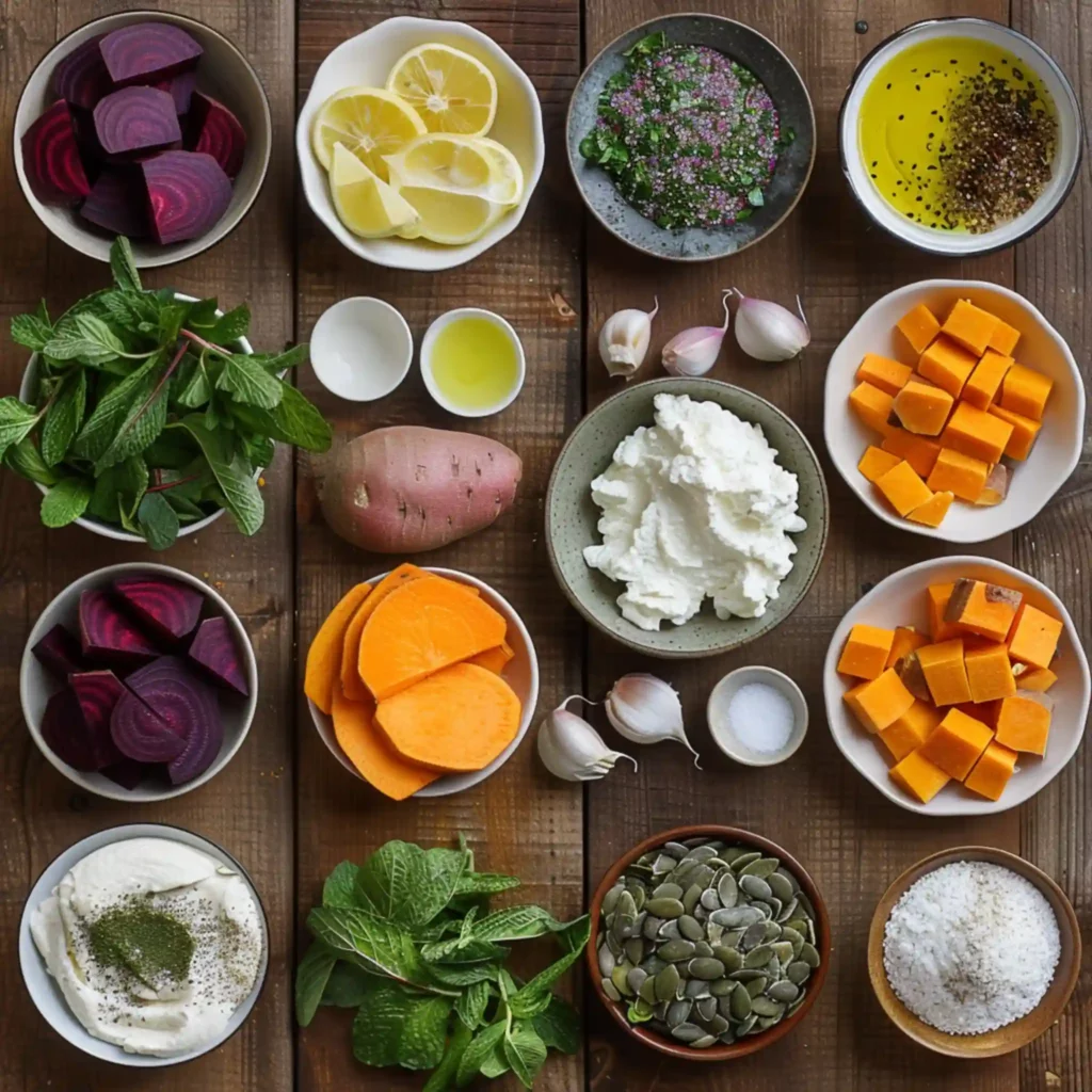 Ingredients for roasted beet sweet potato avocado salad