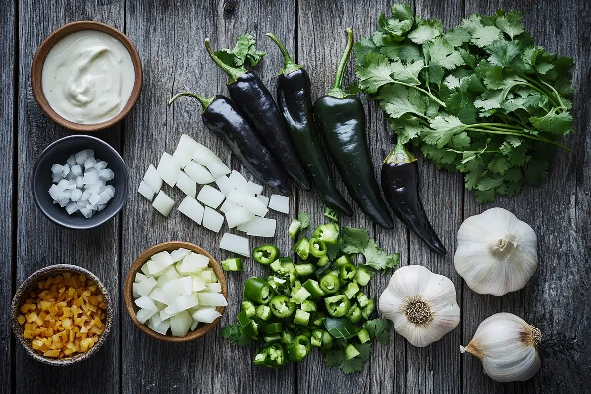 Fresh ingredients for Roasted Poblano Soup, poblanos and corn on counter