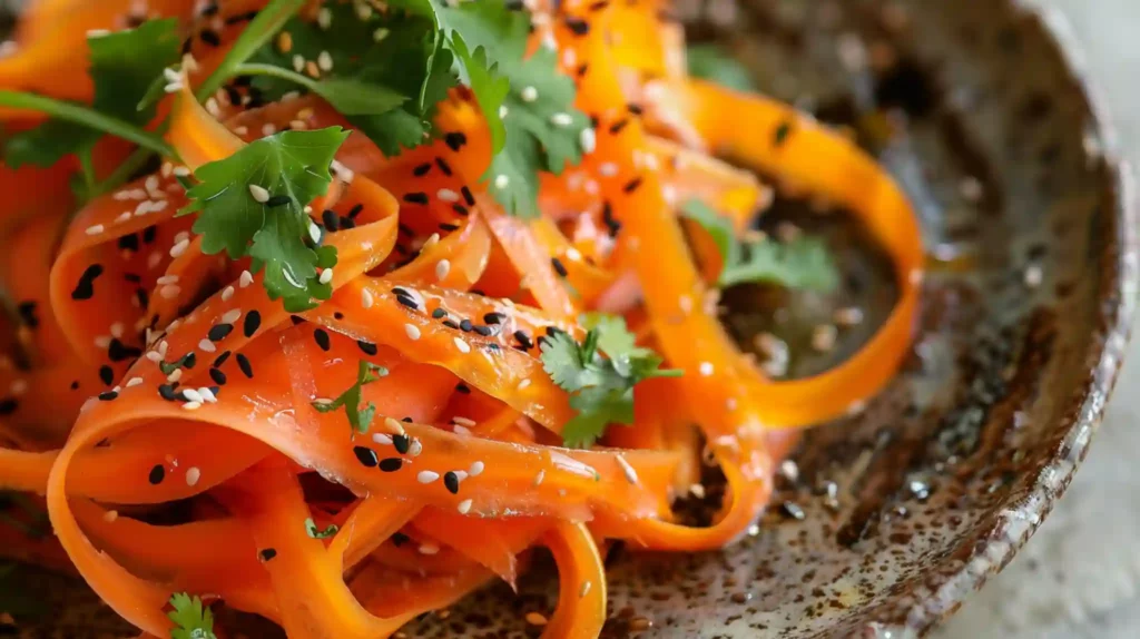 Shaved Rainbow Carrot Sesame Salad with sesame seeds