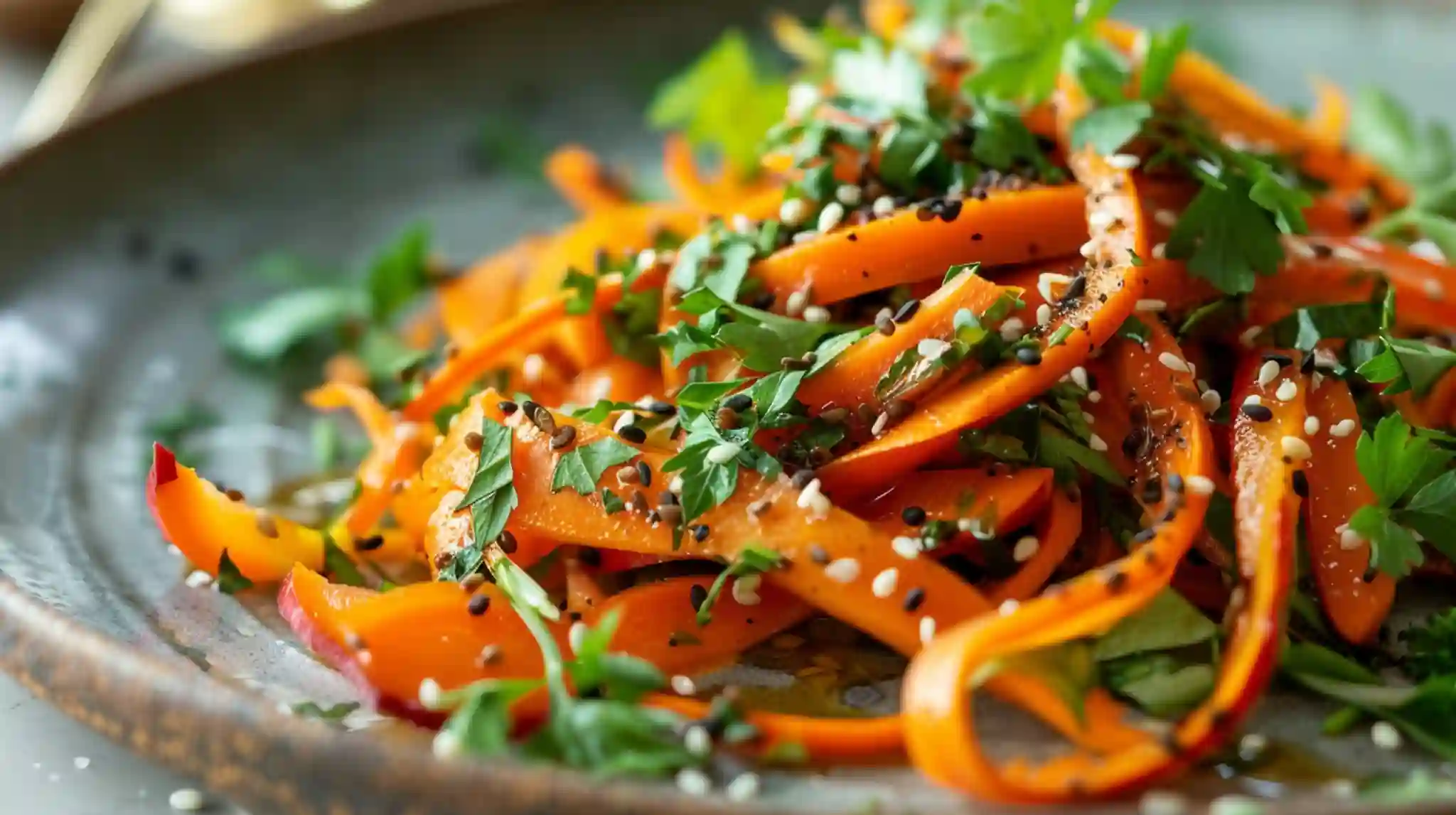 Shaved Rainbow Carrot Sesame Salad garnished with parsley