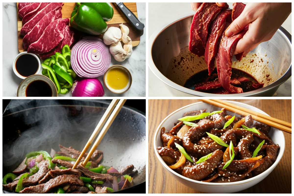 Fresh ingredients for Sizzling Chinese Pepper Steak with Onions