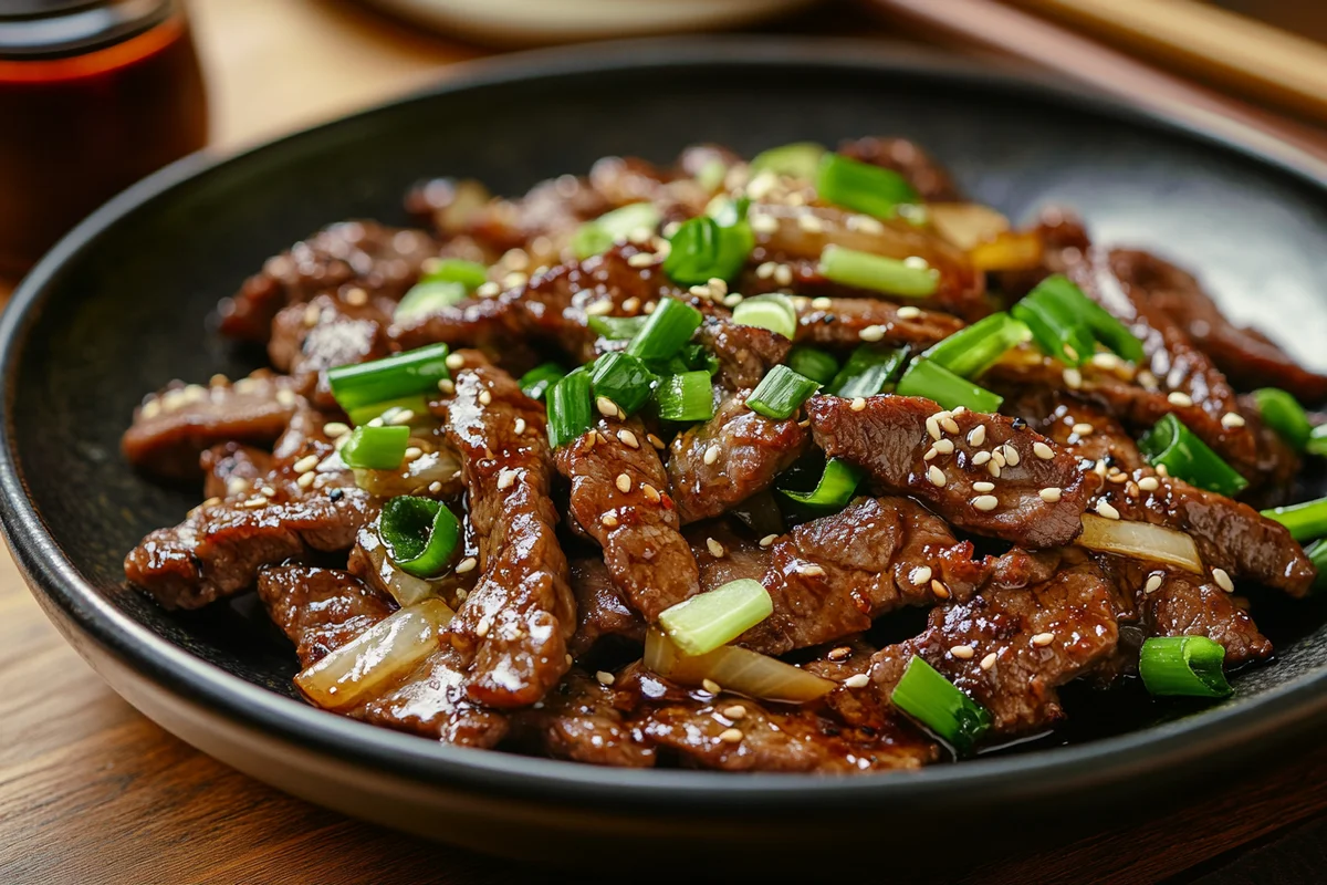 Sizzling Chinese Pepper Steak with Onions plated with steamed rice