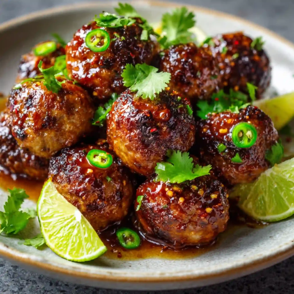 Plated spicy Mexican donkey balls topped with chili flakes and lime