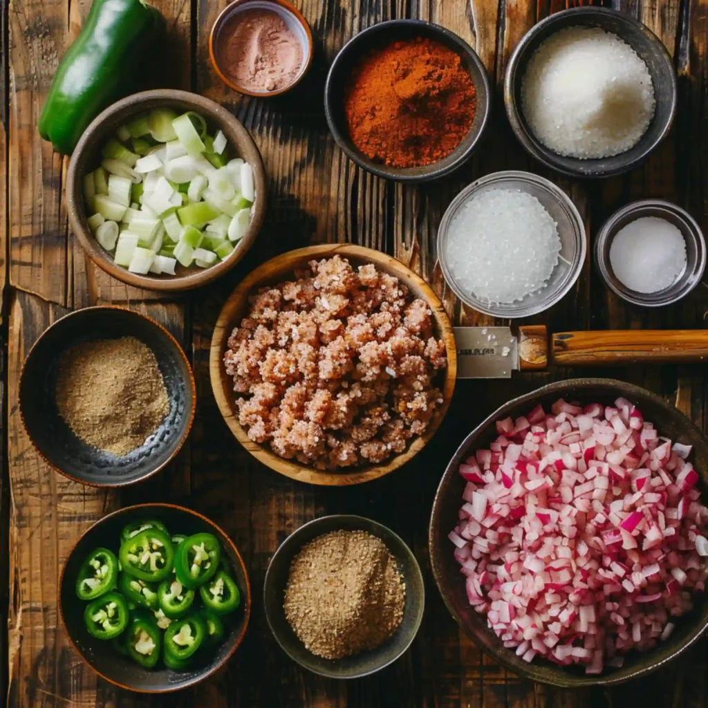 Ingredients for spicy Mexican donkey balls including pork, jalapeños, and seasonings