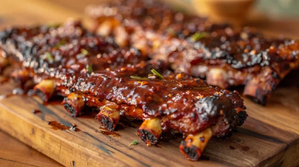 Sticky Honey Garlic Ribs charred and caramelized