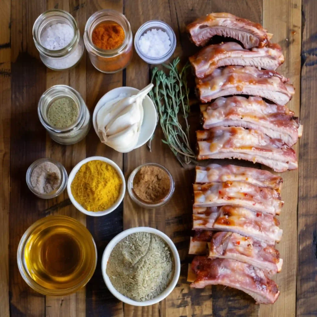 Sticky ribs ingredients including pork, garlic, and spices