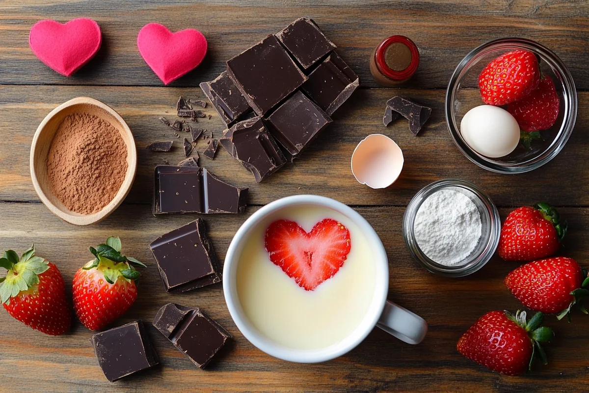 Fresh ingredients for Valentine's Day Chocolate Mug Cake – Microwave, 5 Minutes laid out on counter