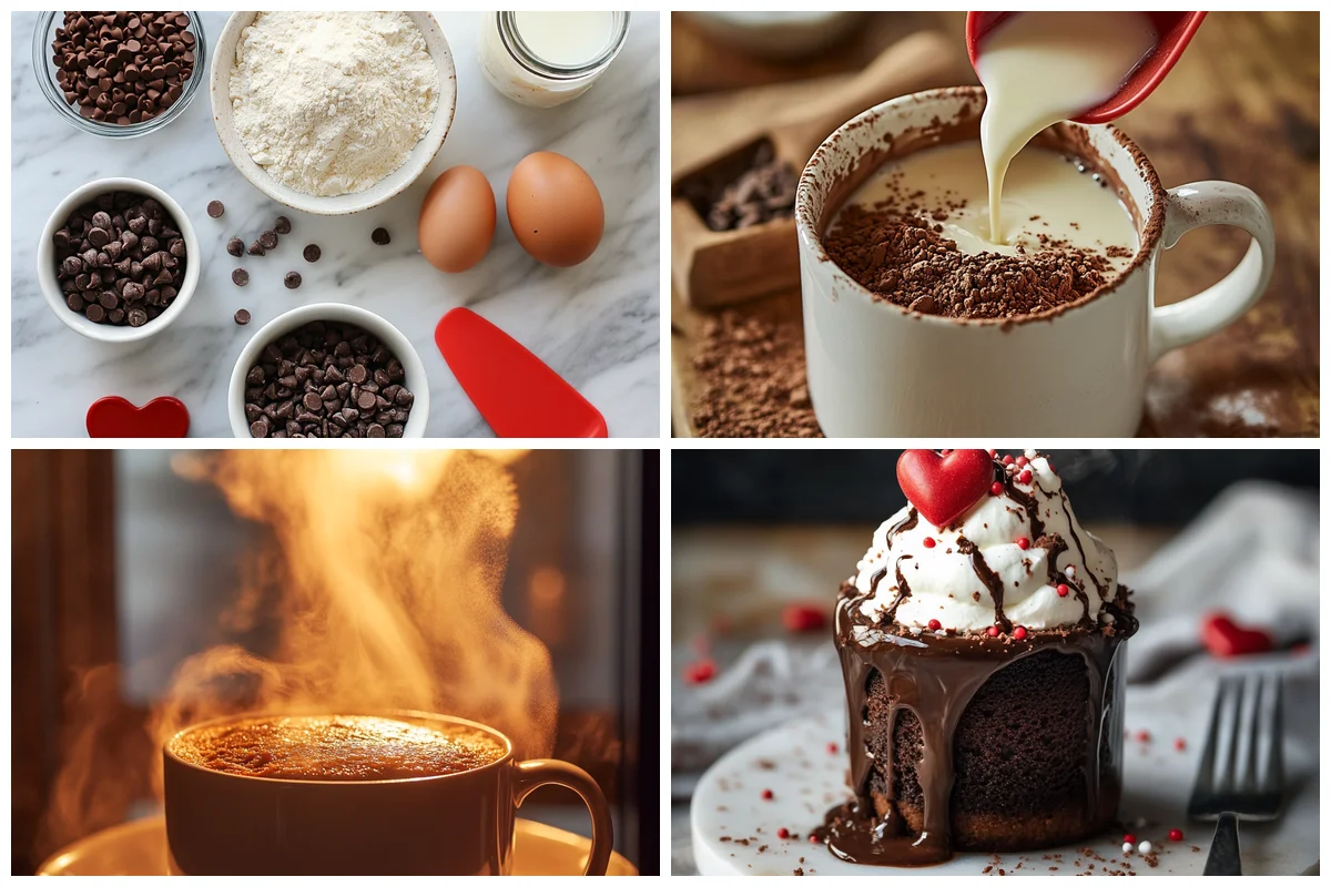 Close-up of moist Valentine's Day Chocolate Mug Cake – Microwave, 5 Minutes with melting chocolate center