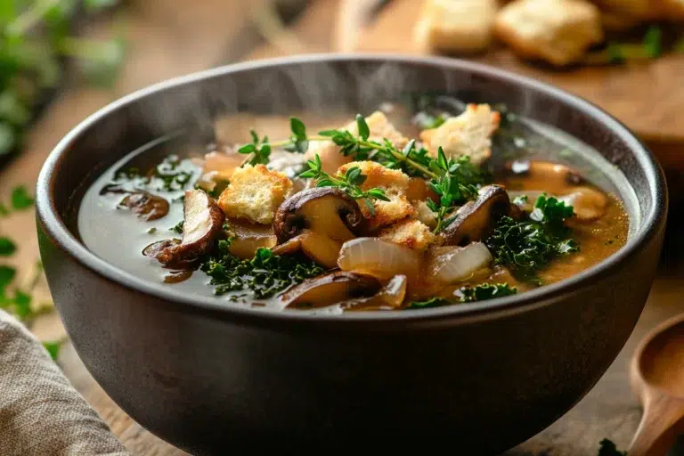 Wild Mushroom, Caramelized Onion And Kale Soup - Easy homemade recipe