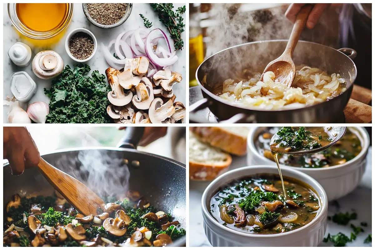 Stirring wild mushroom and caramelized onion soup with fresh kale
