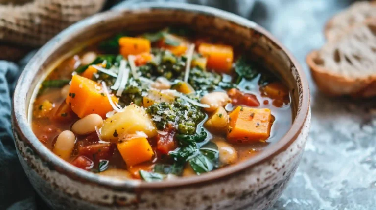 Winter minestrone soup packed with veggies and topped with pesto