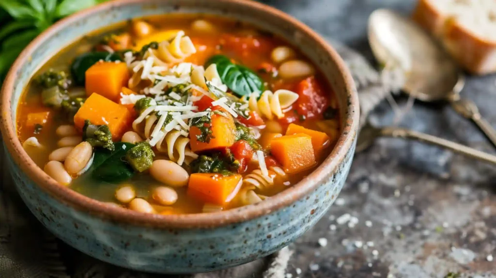 Winter minestrone soup with pasta, white beans, and vegetables