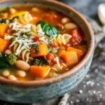 Winter minestrone soup with pasta, white beans, and vegetables