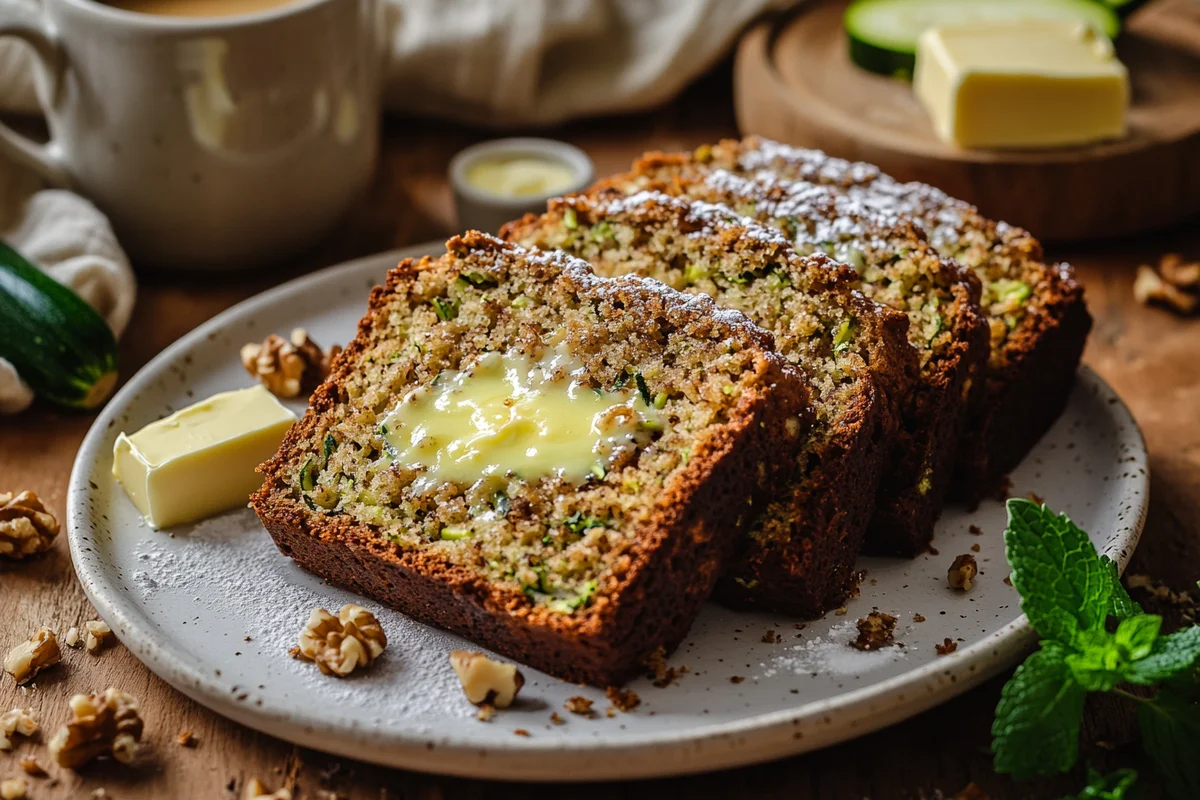 Finished Zucchini Bread Recipe slices with butter