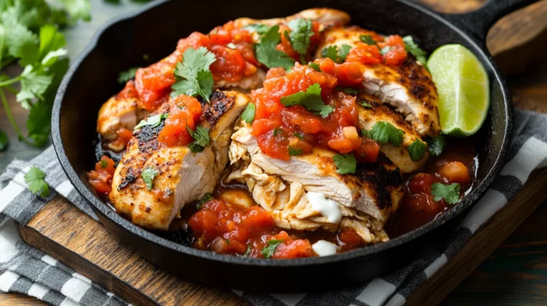 Golden baked 3-ingredient salsa chicken in white baking dish with melted cheese and colorful salsa topping