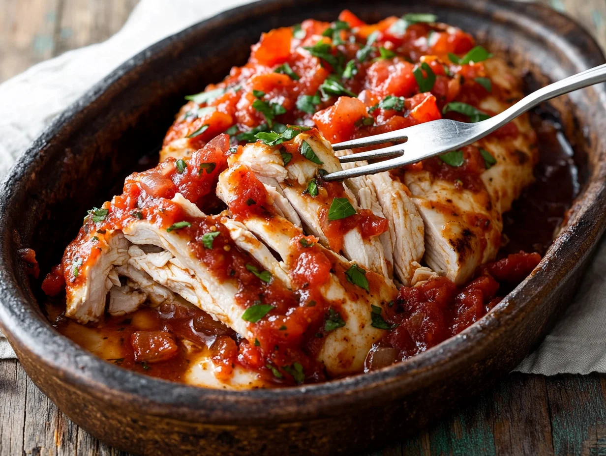 Tender shredded 3-ingredient salsa chicken served on white plate with melted cheese and fresh cilantro garnish
