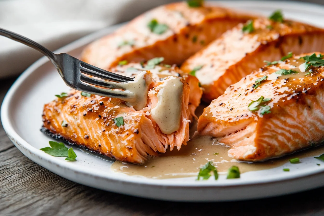 Air Fryer Creamy Miso Salmon garnished with sesame seeds and green onions on a white plate