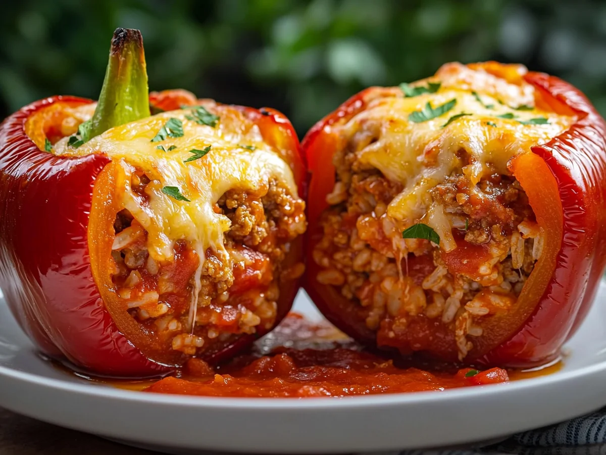 Air fryer stuffed bell peppers filled with seasoned ground beef and rice, topped with melted cheese on white plate