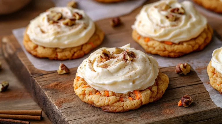 Golden carrot cake cookies with cream cheese frosting and chopped walnuts on marble serving plate