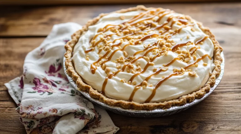 Slice of Amish Peanut Butter Cream Pie with whipped topping and a crunchy crust on a white plate