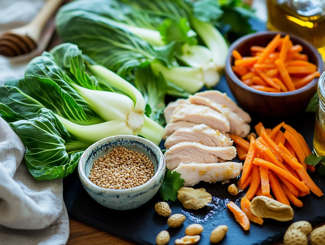 Fresh Asian sesame chicken salad ingredients including crispy chicken, mixed greens, sesame seeds, and colorful vegetables