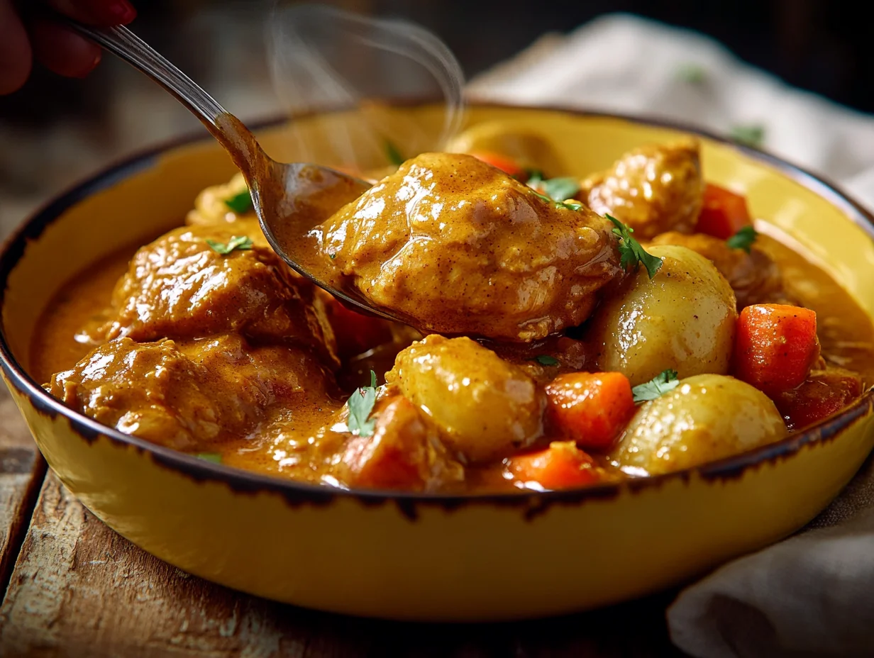 Authentic Jamaican curry chicken served in white bowl with tender pieces in rich golden curry sauce and fresh herbs